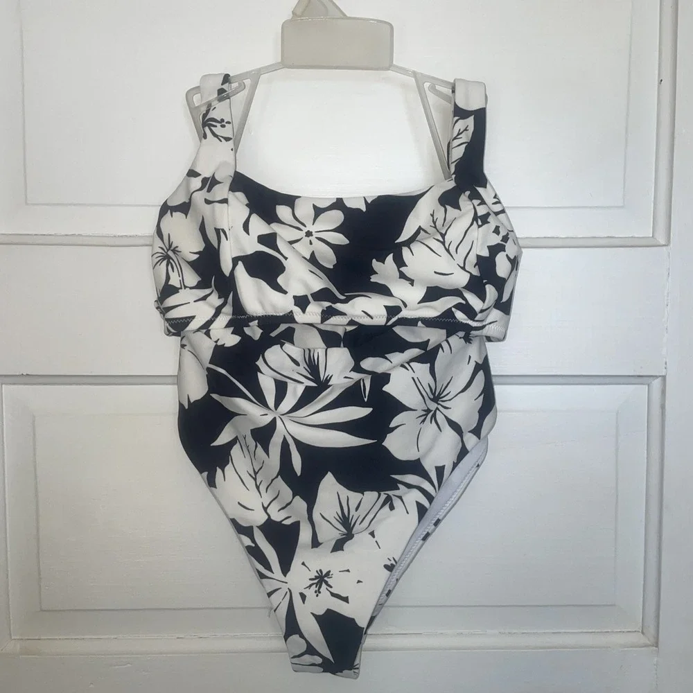 Two Piece Bathing Suit Bikini Cheeky Bottoms Hawaiian Floral Dark Blue White